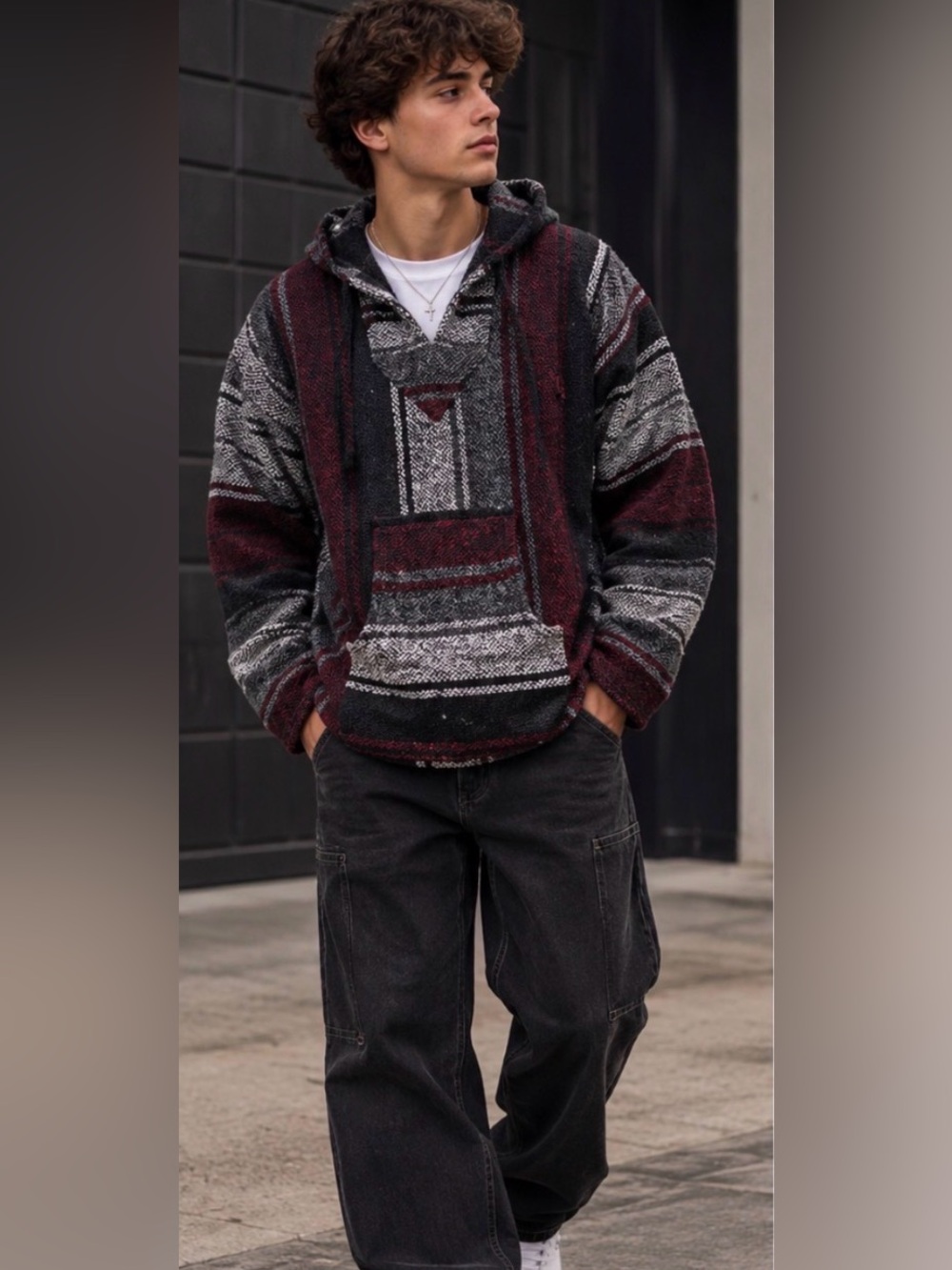 Authentic Mexican Baja Hoodie Poncho Burgundy Black Gray XL
